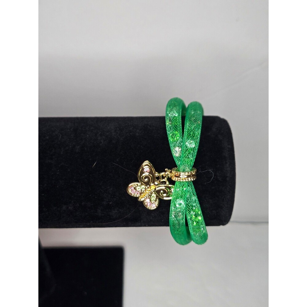Green Mesh Bracelet with Butterfly Charm Clear Rhinestones with Gold Tone Clasp